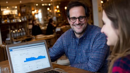 A business consultant interacts with a smiling client during a financial consultation at a wooden desk, creating a warm and inviting environment with soft lighting