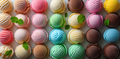 Top view of multiple ice cream scoops in a colorful assortment, garnished with mint leaves. A sweet summer dessert concept.
