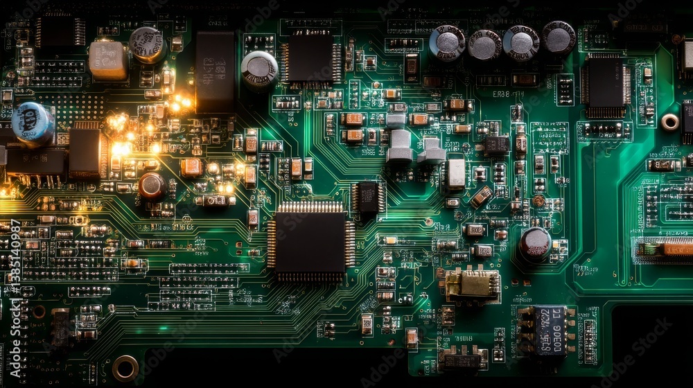 Aufkleber macro top-down shot reveals the complexity of a green circuit board, highlighting capacitors, resist