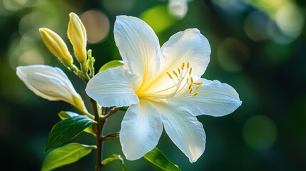 Blooming white lily in sunlit garden; nature photography