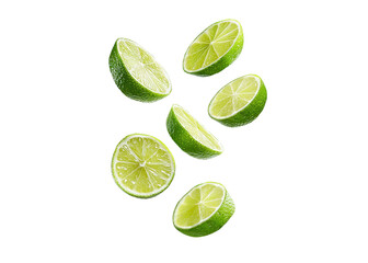 Fresh lime wedges falling on a transparent background. Concept of freshness, citrus, and healthy eating.