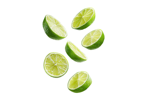 Fresh lime wedges falling on a transparent background. Concept of freshness, citrus, and healthy eating.