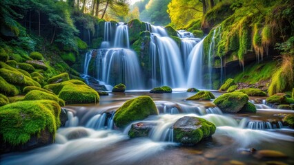 Moss-draped rocks frame a delicate waterfall; tranquil nature photography.