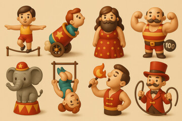 Fototapeta premium Charming 3d vintage circus icons set featuring performers and animals