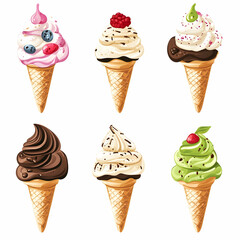 A delicious collection of six different ice cream cones with various flavors and toppings. Vector illustration set of sweet summer desserts.