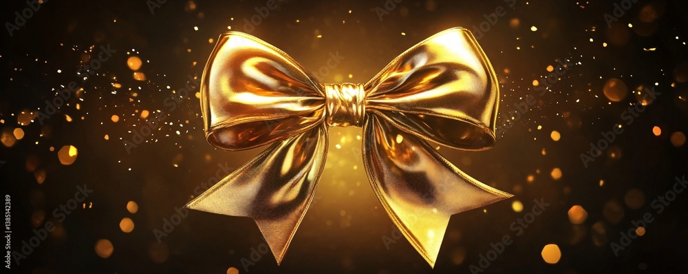 Poster big golden bow floating on sparkling gold background