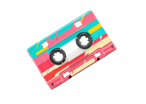 Retro audio cassette tape with colorful design. Vintage music concept.