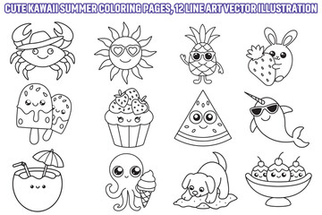 Cute kawaii summer coloring pages, Line art vector illustration, bold and easy coloring page.  