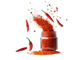 Red chili powder explosion from a glass jar with red chilies and peppercorns. Isolated on transparent background.