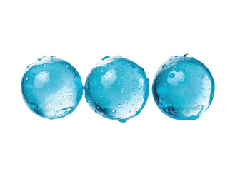 Three blue gel balls with water droplets on a transparent background. Concept of freshness, hydration, and science.