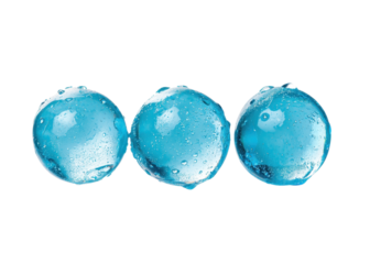 Three blue gel balls with water droplets on a transparent background. Concept of freshness, hydration, and science.