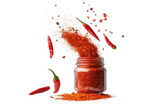 Red chili powder explosion from a glass jar with red chilies and peppercorns. Isolated on transparent background.