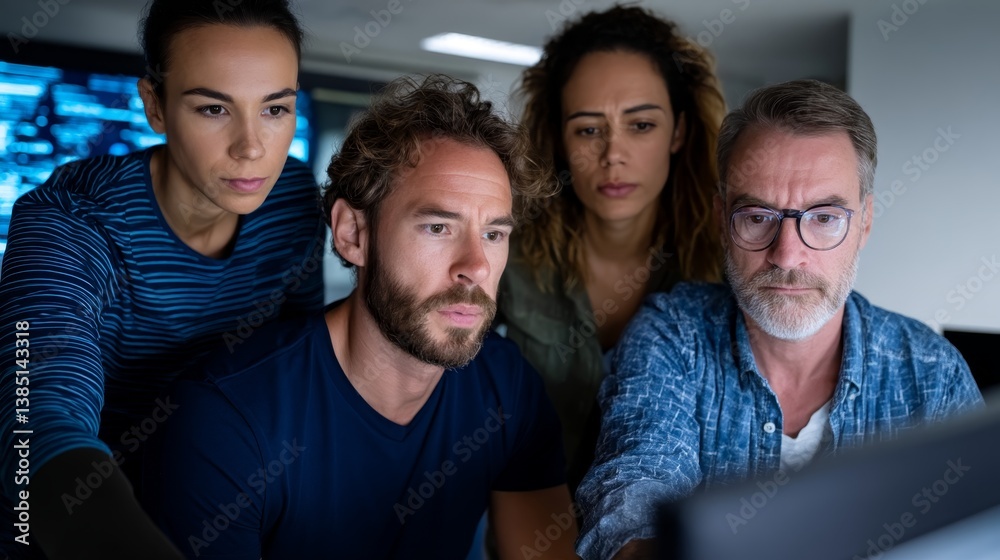 Poster A diverse group of professionals engage intently while collaborating around a holographic AI interface, showcasing teamwork in a futuristic office setting