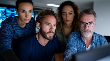 A diverse group of professionals engage intently while collaborating around a holographic AI interface, showcasing teamwork in a futuristic office setting