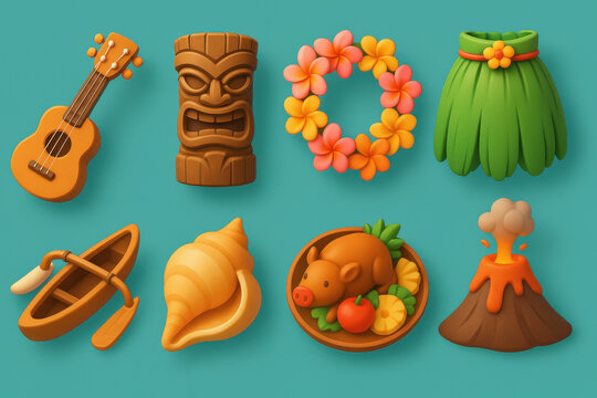 3d hawaiian cultural icons: ukulele, tiki, lei, hula skirt, canoe, conch, luau pig, volcano