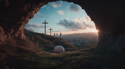 View from a cave entrance with crosses on a hillside during sunset with silhouetted figures in the distance