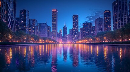 Urban downtown lights reflected in river high resolution images