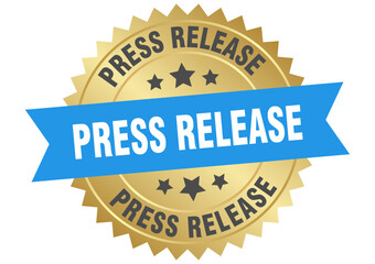 press release. press release round blue and gold label isolated on transparent background