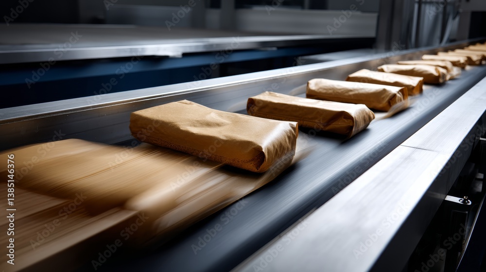 Poster High-speed conveyor system moves rows of snack bags in a sterile factory, while robotic arms ensure precise alignment into boxes, showcasing industrial automation