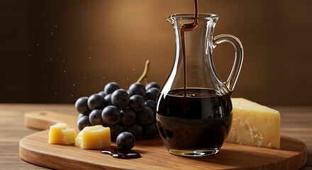 Pouring Balsamic Vinegar on Cheese and Grapes for Gourmet Food Display