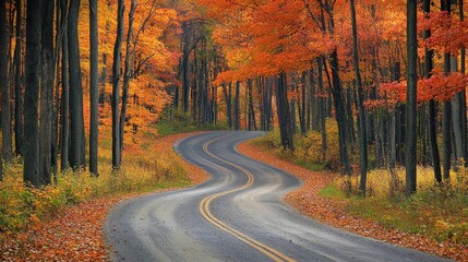 Obraz premium Winding road through vibrant autumn forest.