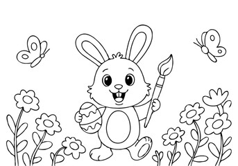 bunny painting easter egg and some flowers, coloring page ready to print on standard 8.5x11 inch paper ai file