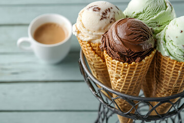 A delightful assortment of chocolate, vanilla, and mint ice cream scoops in fresh waffle cones, a perfect summer dessert with coffee.