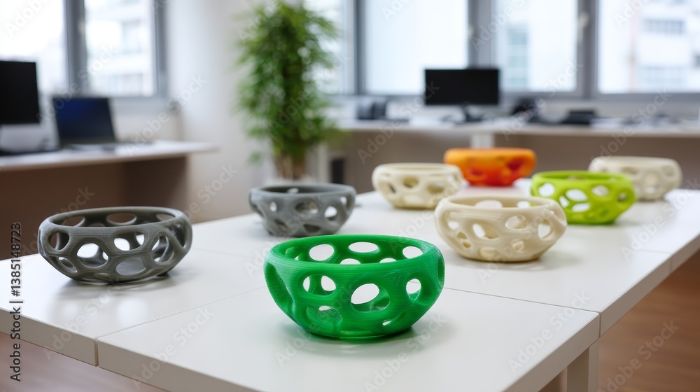 Aufkleber A series of 3D-printed lattice objects in various colors are arranged on a smooth white table in a bright office. Their intricate patterns highlight modern design
