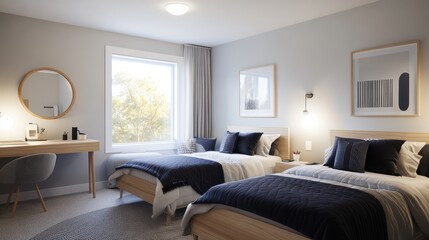 Fototapeta premium Modern bedroom interior, twin beds, window, calm, cozy