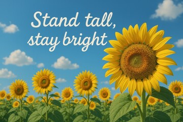 Vibrant sunflower field under clear blue sky with motivational message