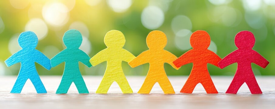 Colorful paper figures holding hands, symbolizing unity and diversity against a vibrant, blurred background, Diversity Inclusion And Belonging.