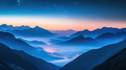 Mountain valley at twilight with fog and stars. Use Stock photo for nature, travel, wallpaper