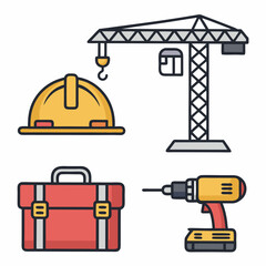 Design a vector icon pack featuring bold stroke construction icons. Include various tools, equipment, and building elements.  High resolution, clean lines.