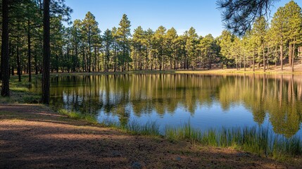 Obraz premium Calm lake reflecting pine trees under a clear sky.