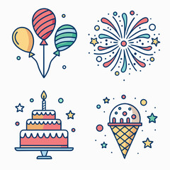 Design a vector icon pack featuring bold stroke illustrations of diverse festival icons.  Include various celebratory elements.