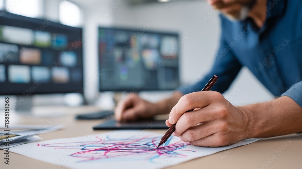 Poster a designer works intently, sketching colorful abstract shapes on a drawing tablet. dual monitors sho