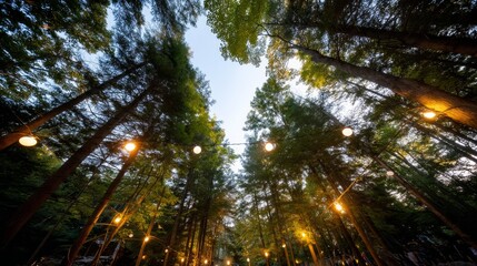 Fototapeta premium Tall forest trees create a stunning vertical landscape, adorned with glowing orbs strung between branches, transforming the woods into a warm, enchanting wonderland