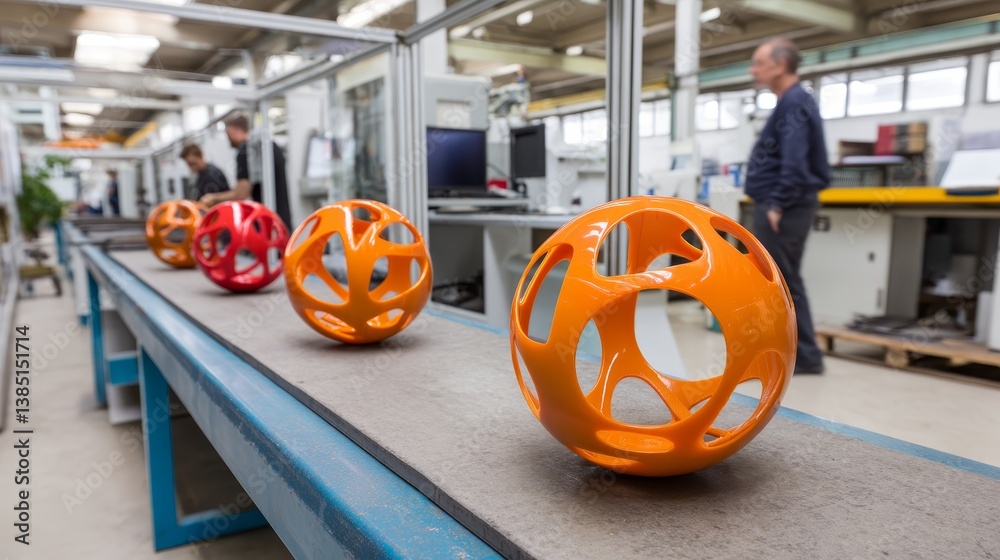 Poster vibrant orange spherical models featuring openwork designs are captured mid-motion on a conveyor bel