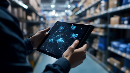 An AI powered smart inventory system tracking product sales and automatically reordering stock based on demand predictions, Retail technology style, photo of