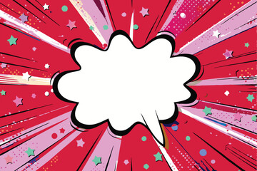 Blank white speech bubble with colorful comic style explosion background in red, yellow, blue, and green tones. Pop art template with copy space for advertising and promotional design