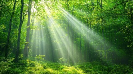 Obraz premium Sunbeams piercing through lush green forest canopy.