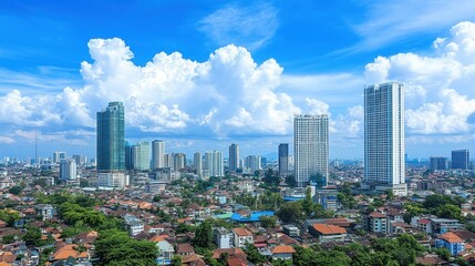 Fototapeta premium Cityscape Modern skyscrapers, residential area, blue sky, clouds, urban development
