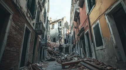 A narrow alley with a collapsed wall from one side, debris blocking the way