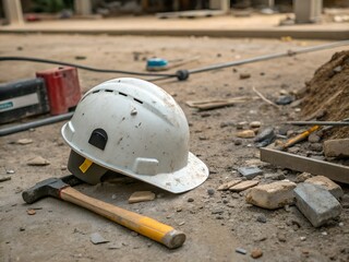 a punctured construction helmet on the ground