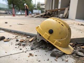 a punctured construction helmet on the ground