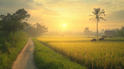 Fototapeta premium A farmer walking along the edge of a rice field, checking the water level and soil condition
