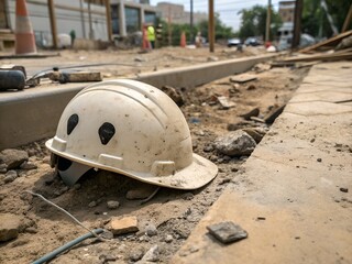 a punctured construction helmet on the ground