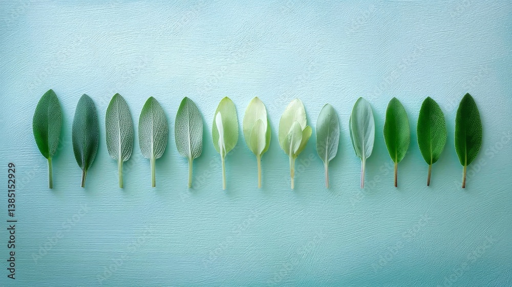 Poster delicate sage leaves are arranged in a top-down view on a soft mint-colored background, highlighting