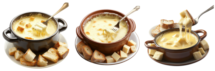 Three cheese fondues with bread.