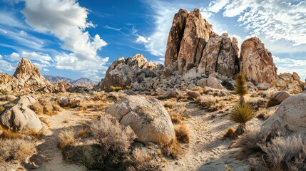 Obraz premium Panoramic view of a desert landscape with towering rock formations, shrubs, and a partly cloudy sky.